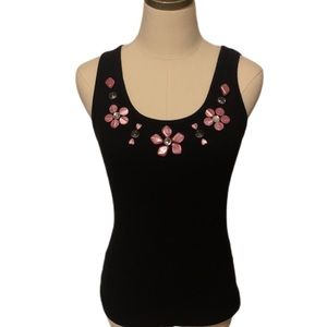 INC Black scoop neck tank/tee with pink flower embellishments